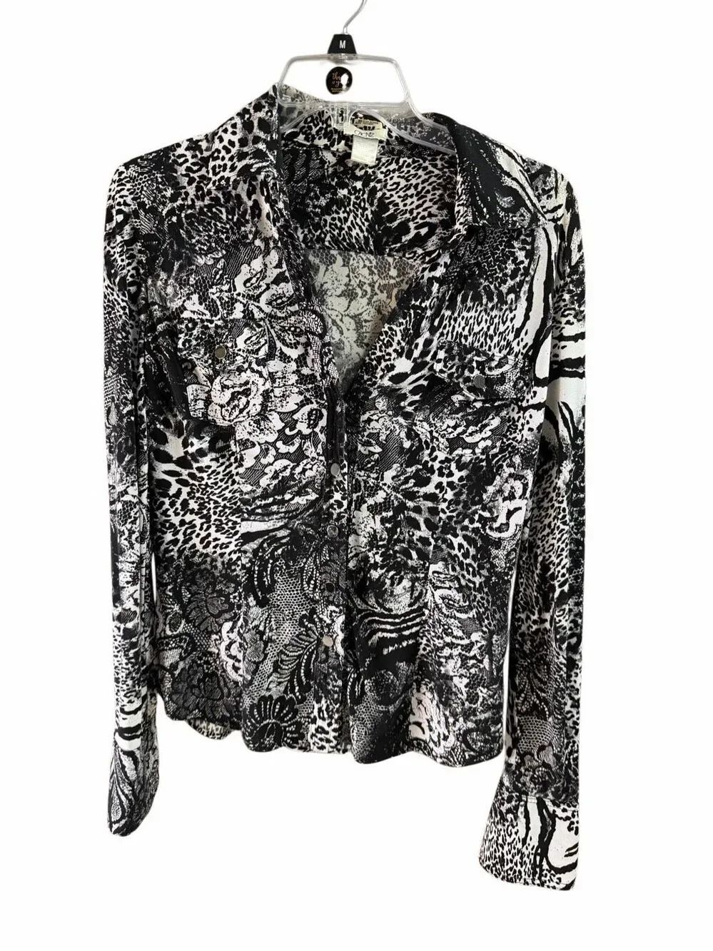 CACH’E Vintage Women’s Small Black White Animal Floral Print Button Blouse